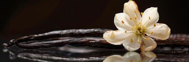 A Single Vanilla Blossom Resting on Dried Vanilla Beans photo