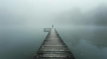 Solitary Figure Walking on a Foggy Wooden Dock photo