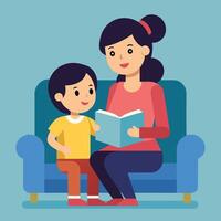 mother and son reading book together on couch illustration vector