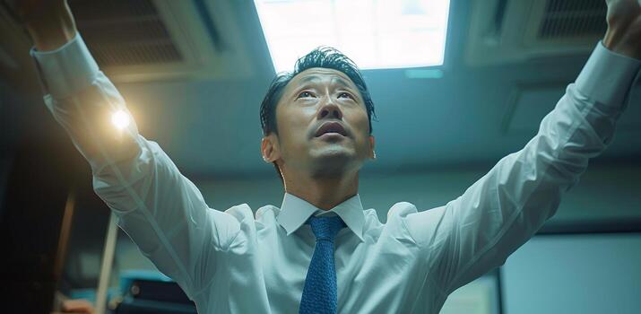 Man in White Shirt Reaching Upwards in Office Setting photo