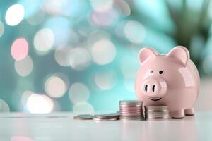 Piggy Bank and Coins on Blue Background photo