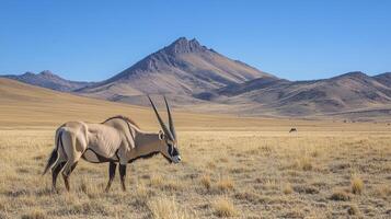 Two oryx grazing in a vast desert landscape under clear blue skies photo