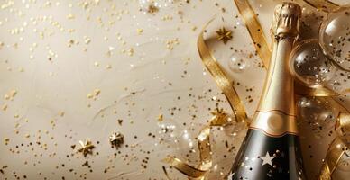 Champagne Bottle and Glass With Gold Confetti and Ribbons photo