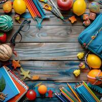 Colorful Pencils, Apples, and Berries on a Blue Wooden Table photo