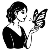 a woman holding a butterfly in her hand vector