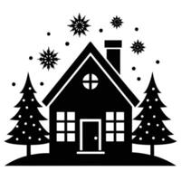 a black and white silhouette of a house with snowflakes vector
