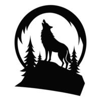 a wolf howling in the woods with a mountain in the background vector