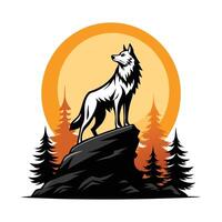 wolf standing on top of a mountain with trees in the background vector