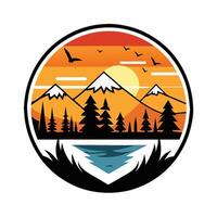 create modern adventure logo with sunset and birds. vector
