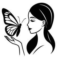 a woman with a butterfly in her hand white background. vector