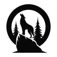 a wolf howling on a mountain top with trees in the background vector