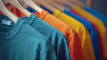 Colorful T-Shirts Hanging on Wooden Hangers in a Retail Store photo