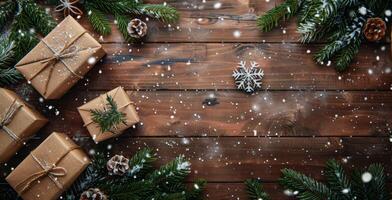 Wrapped Gifts on Rustic Wooden Surface With Pine Branches and Snow photo