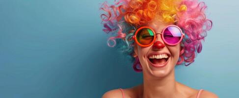 Woman Wearing Colorful Wig and Sunglasses Laughing Against Blue Background photo