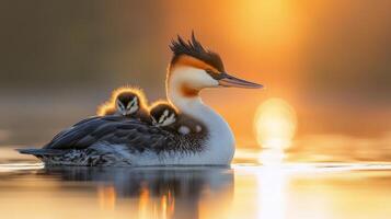 A mother bird and her chicks swim at sunset on a tranquil lake photo