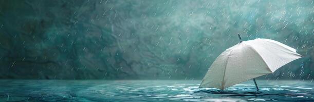 A Single White Umbrella in a Rainstorm With a Blue Background photo