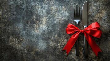 Silver cutlery with a red ribbon on a textured background for festive dining photo