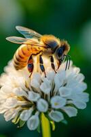 Bee collecting pollen from a flowering plant in a garden during spring photo
