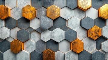 Hexagonal tiles in varying textures and colors arranged on a flat surface photo