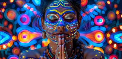 Woman With Face Paint Posing In Front Of Neon Lights photo