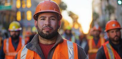 Construction Worker In Safety Vest On Street During Sunset photo