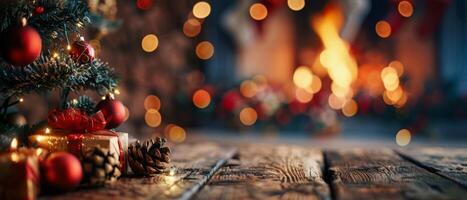 Small Christmas Tree With Red Ornaments and Presents on Wooden Table photo