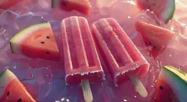 Two Watermelon Popsicles on Ice With Slices of Watermelon photo