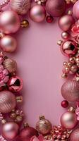 Group of Blue and Red Ornaments on Pink Background photo