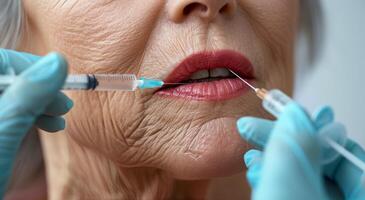 Close Up of Senior Woman Receiving Lip Injections photo