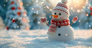 Smiling Snowman Wearing Knitted Hat and Scarf in Snowy Winter Landscape photo