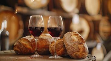 Two Glasses of Red Wine With Freshly Baked Bread and Grapes on Wooden Table photo