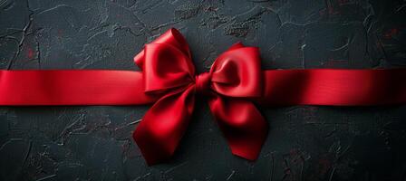 Red Satin Ribbon Bow on Black Textured Surface photo