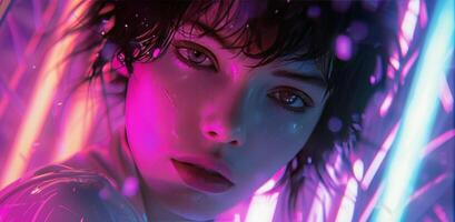 Close-Up Portrait of a Woman With Short Black Hair Illuminated by Neon Lights photo