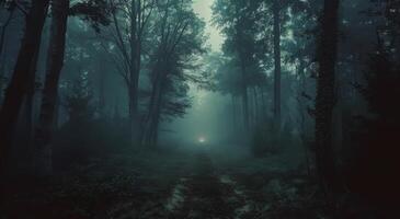 A Foggy Forest Path Winding Through Tall Trees on a Cloudy Day photo
