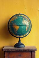 Vintage globe on a wooden stand against a vibrant yellow wall photo