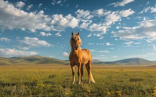 A Single Horse Stands in a Meadow Under a Blue Sky photo