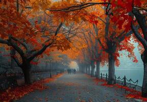 Autumnal Pathway Through Red Leaves on a Foggy Day photo