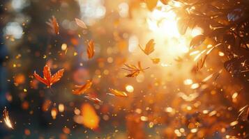 Falling Autumn Leaves In A Sunlit Forest photo