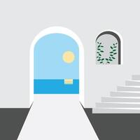 white building interior and staircase with sea view in santorini, greece vector