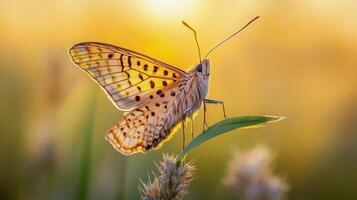 Delicate butterfly resting on a flower during a golden sunset photo