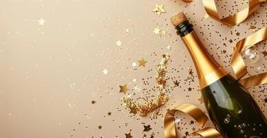 Champagne Bottle and Glass With Gold Confetti and Ribbons photo