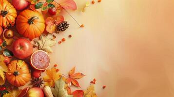 Autumnal Fruit and Leaves on Wooden Surface photo