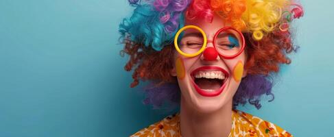 Woman Wearing Colorful Wig and Sunglasses Laughing Against Blue Background photo