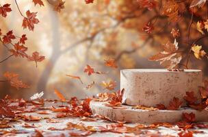Autumn Leaves Surround a White Concrete Platform photo