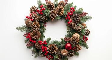 Festive Christmas Wreath With Pine Cones, Berries, and Ornaments photo