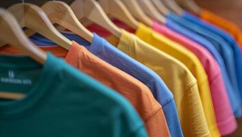 Colorful T-Shirts Hanging on Wooden Hangers in a Retail Store photo