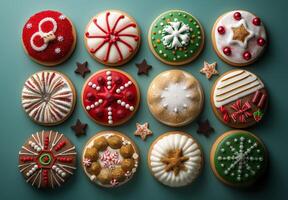 Decorated Christmas Cookies With Festive Designs on Teal Background photo