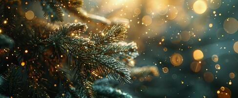 Closeup of Evergreen Tree Branch With Sparkling Lights and Bokeh During Winter photo