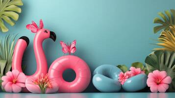 Tranquil poolside with pink balloons and fluffy decor in a sunny tropical setting photo