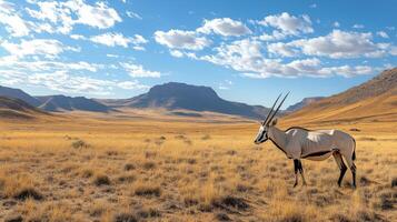 Two oryx grazing in a vast desert landscape under clear blue skies photo